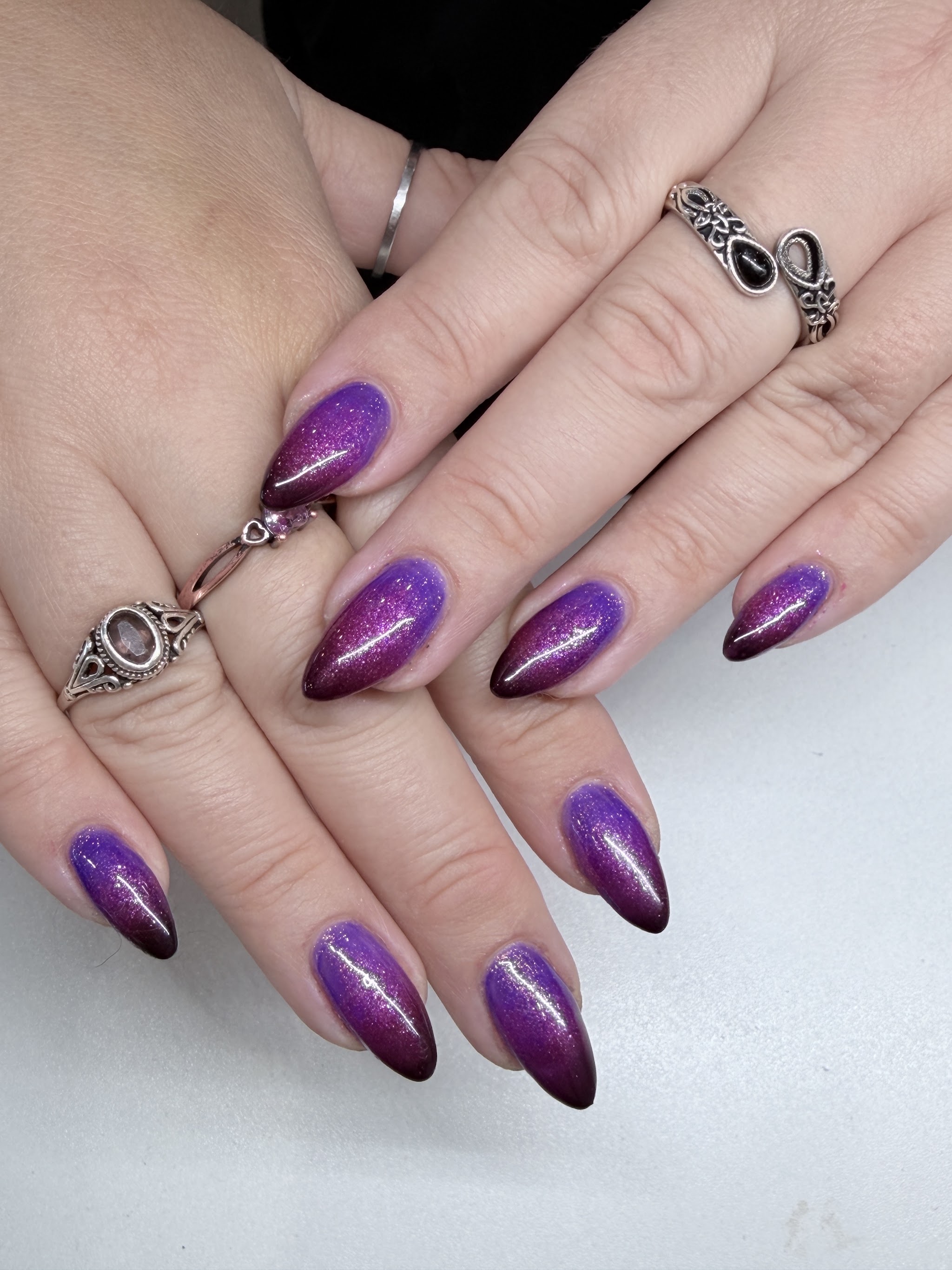 Purple and burgundy ombre glitter almond nails