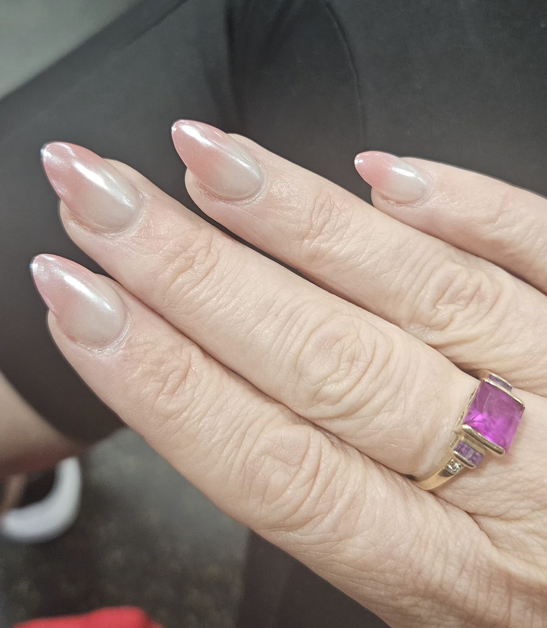 Natural pink chrome pearl glaze almond nails